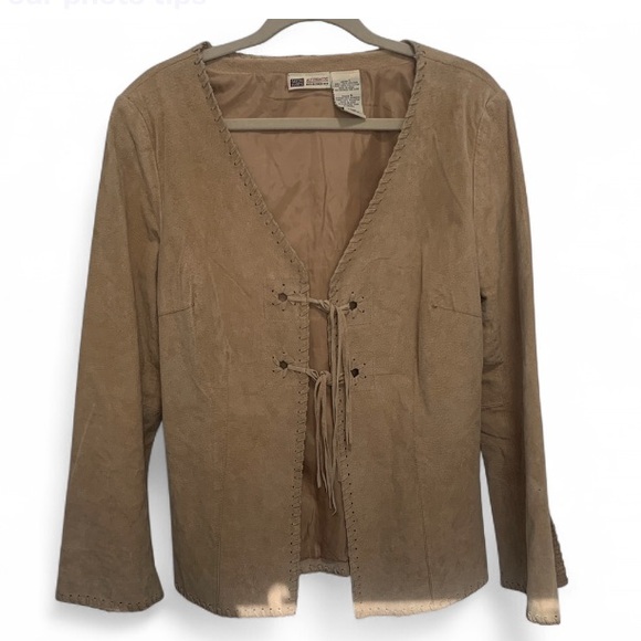 Vintage Jackets & Blazers - Vintage Tan Genuine Suede Leather Jacket with Front Ties in Great Condition